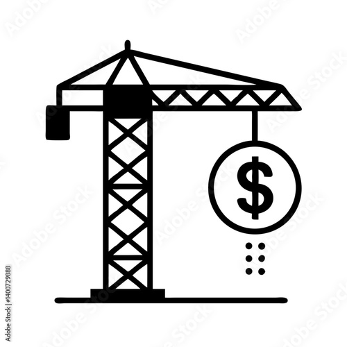 Tower Crane with Dollar Symbol Icon Representing Construction Investment and Financial Development