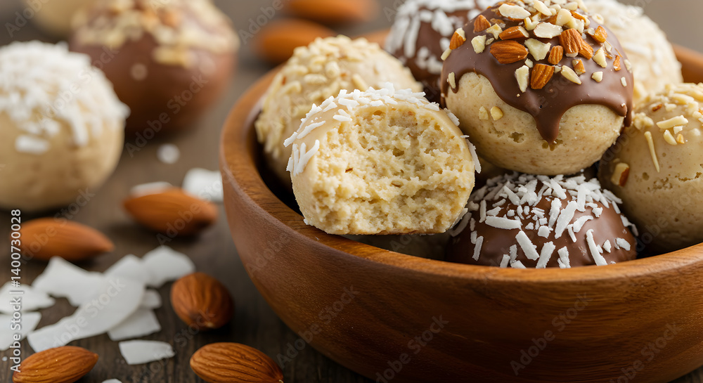 Fototapeta premium Delicious Coconut Almond Fat Bombs On Wooden Table Ready To Eat