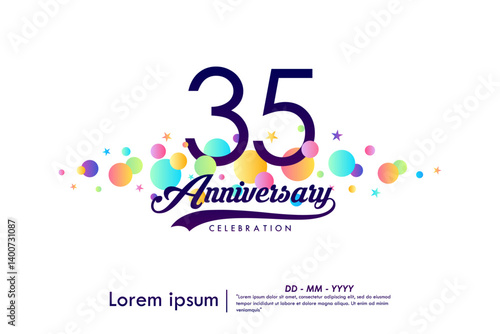 35th years anniversary celebration emblem. elegant anniversary logo isolated with ribbon and colorful circles and stars on white background. vector illustration template design