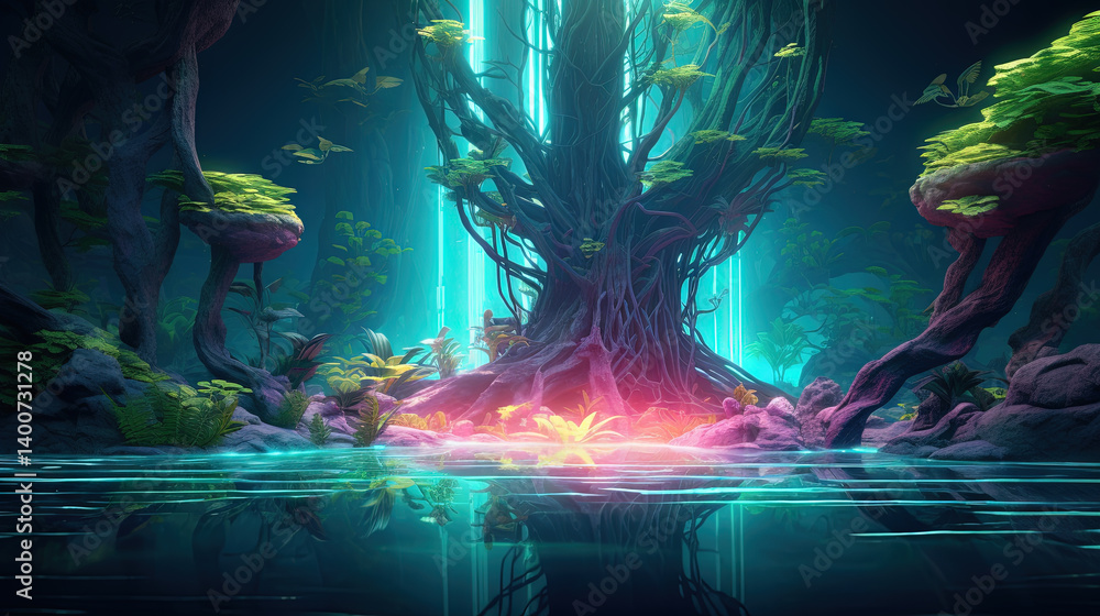 Fototapeta premium Neon-lit tree in a mystical jungle with glowing light and vibrant reflections