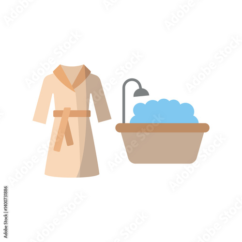Bathtub and bathrobe icon reflects relaxation, spa moments, and cozy self-care in a calm environment.