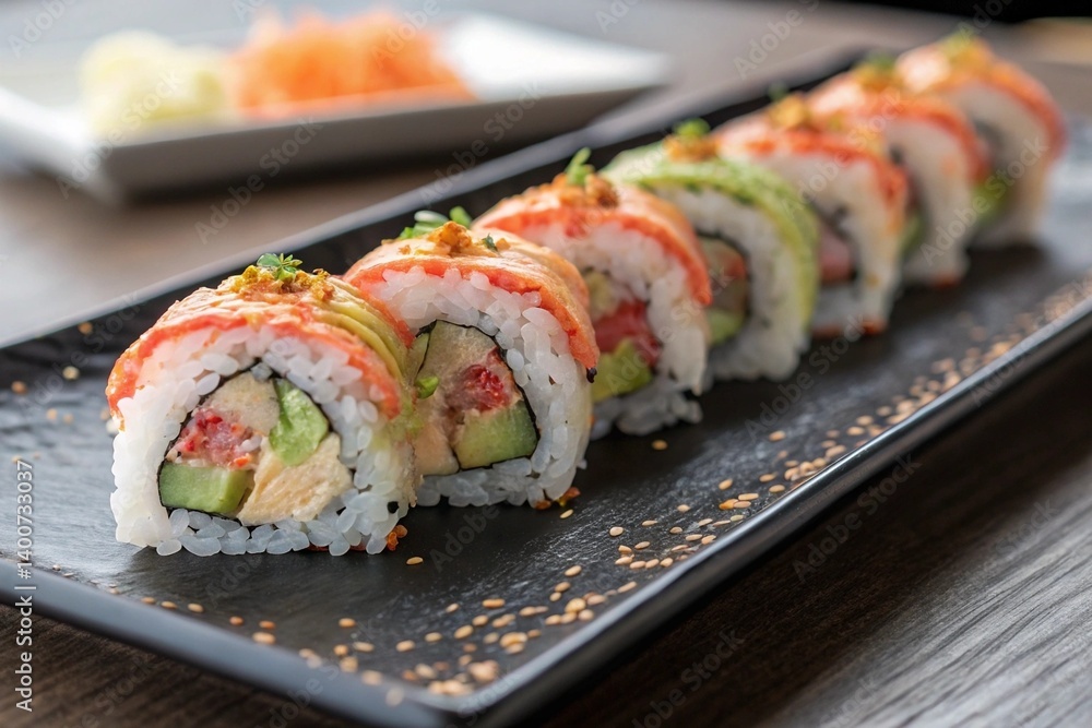 Layers of rice, avocado, and filling, topped with vibrant salmon Layers of rice, avocado, and filling, topped with vibrant salmon
