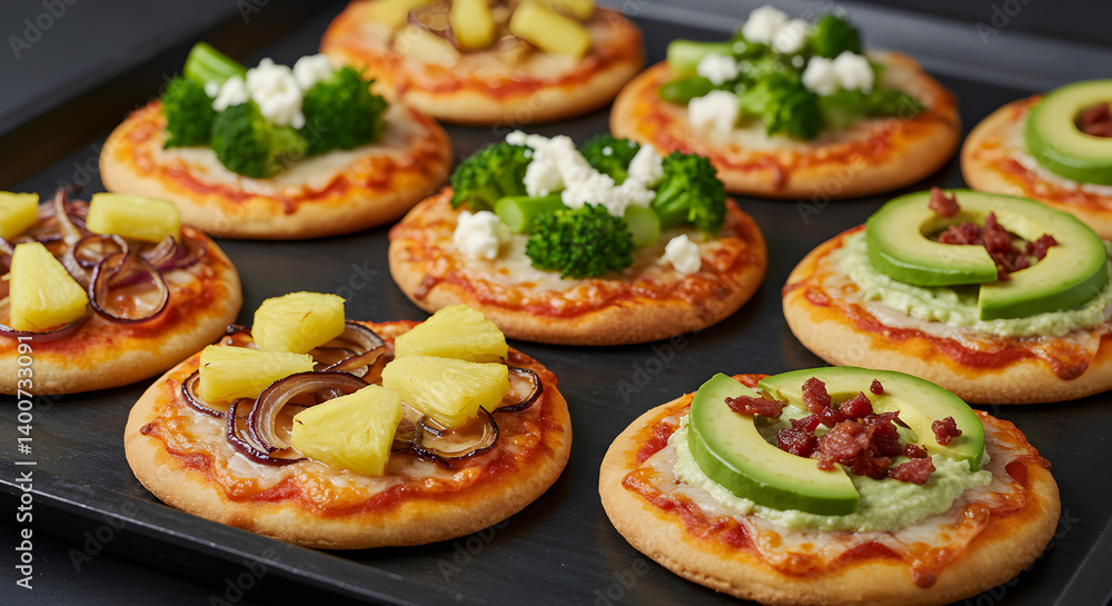 Assortment of Gourmet Mini Pizzas with Unconventional Toppings Displayed Assortment of Gourmet Mini Pizzas with Unconventional Toppings Displayed