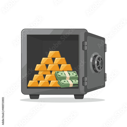  Treasure Trove: Safe filled with golden bars and stacks of paper money, symbolizing wealth, security, and financial prosperity.