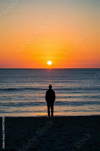 arafed man standing on the beach watching the sun set