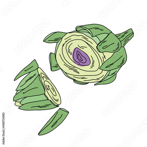 Colorful cartoon-style artichoke cut with stem and purple leaves, isolated healthy food illustration