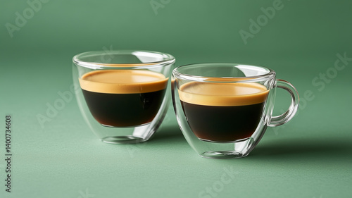 A double shot of rich espresso served in a classic Italian demitasse on a vibrant green background