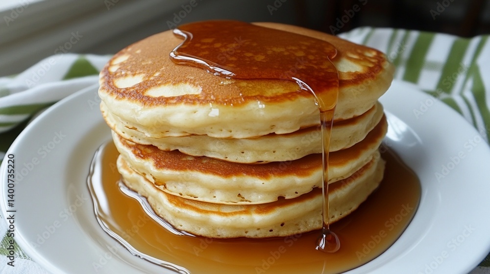 Stack of fluffy pancakes drizzled with golden maple syrup on a white plate, perfect breakfast treat for any morning, served with a cozy striped napkin by the window. Stack of fluffy pancakes drizzled with golden maple syrup on a white plate, perfect breakfast treat for any morning, served with a cozy striped napkin by the window.