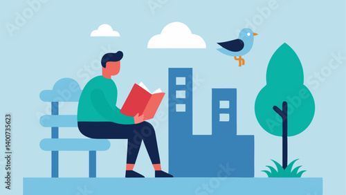 Lost in Translation A person sitting on a bench buried in a book with a city map seemingly lost in direction while a nearby bird sings unnoticed.