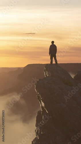 Man on Cliff Edge at Sunset, 3D Rendering