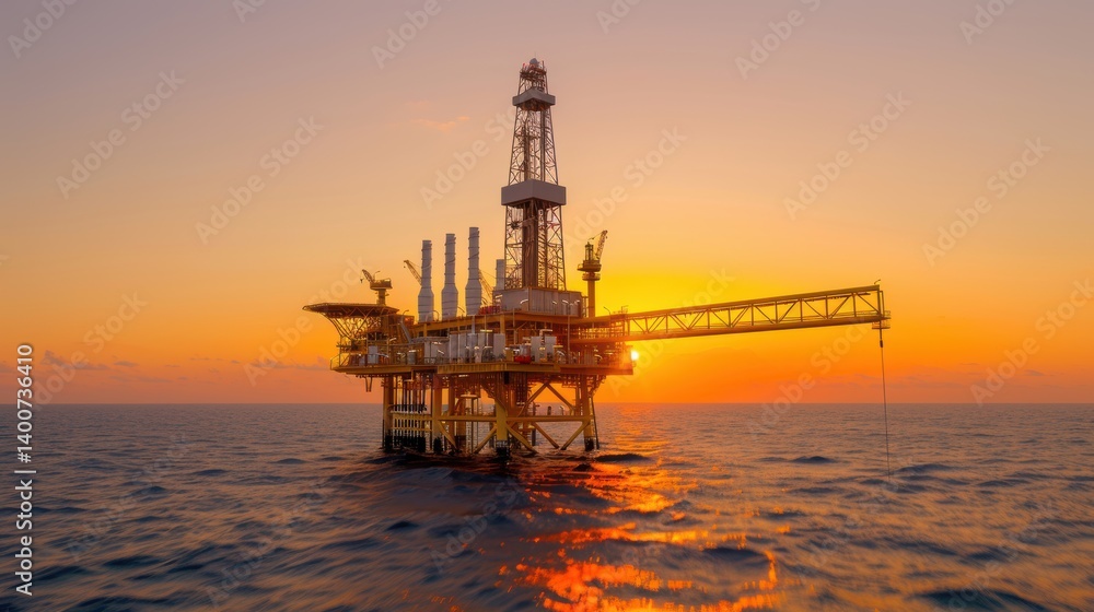 An offshore oil rig stands majestically against a vibrant sunset, surrounded by calm ocean waters, symbolizing energy production and industrial progress. An offshore oil rig stands majestically against a vibrant sunset, surrounded by calm ocean waters, symbolizing energy production and industrial progress.