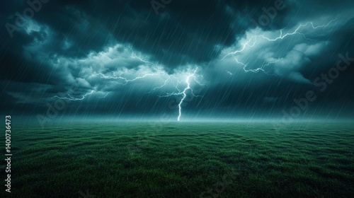 A dramatic thunderstorm with dark clouds, heavy rain, and striking lightning illuminating a vast, grassy landscape.