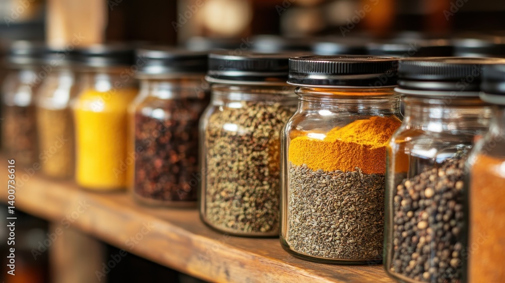 Labeled spice jars with herbs, organized and aesthetic Labeled spice jars with herbs, organized and aesthetic