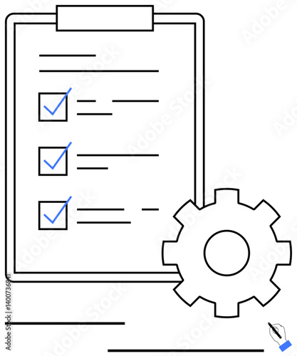 Checklist clipboard with ticked items, cogwheel for process optimization, workflow efficiency, and completed tasks. Ideal for planning, productivity, organization, teamwork, operations management