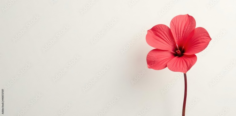Single red flower on a pale pink stem against white, botanical, pink Single red flower on a pale pink stem against white, botanical, pink