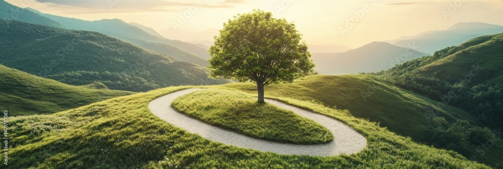 Creative bicycle trail forming a tree outline through rolling hills promotes healthy lifestyle in serene landscape during golden hour