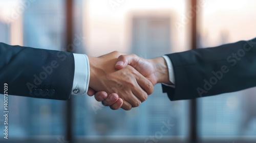 Two business professionals shake hands, symbolizing agreement and partnership against a modern office backdrop with blurred cityscape.