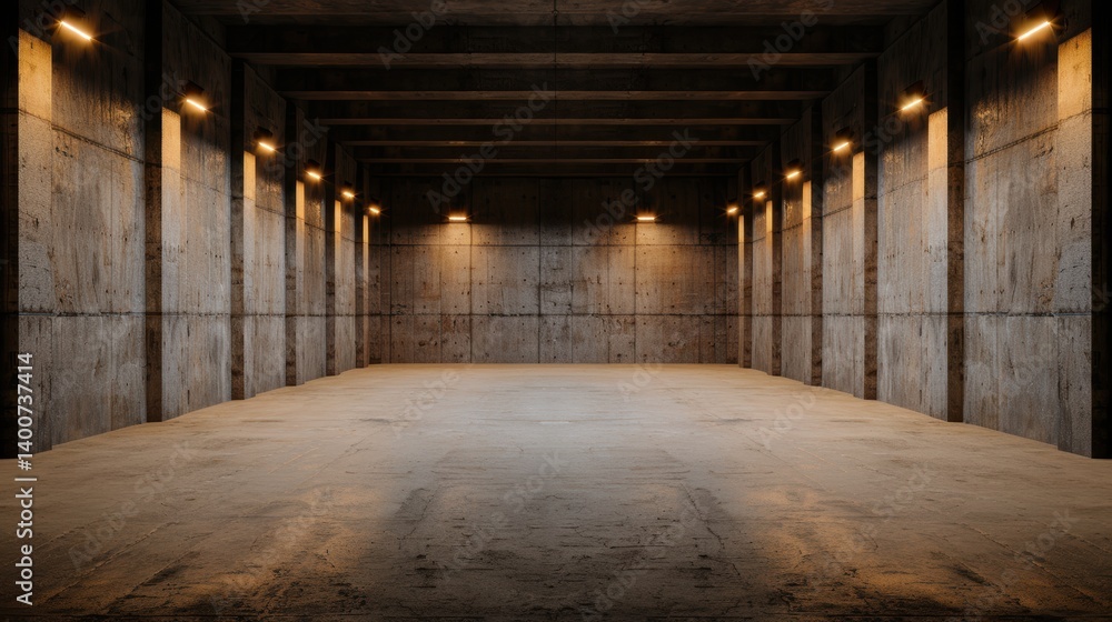 A spacious, empty room with concrete walls and overhead lighting, creating a minimalist and industrial aesthetic. A spacious, empty room with concrete walls and overhead lighting, creating a minimalist and industrial aesthetic.