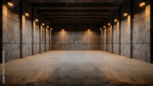 Wallpaper Mural A spacious, empty room with concrete walls and overhead lighting, creating a minimalist and industrial aesthetic. Torontodigital.ca