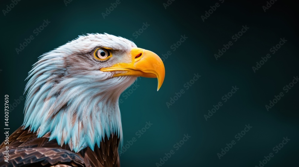 Fototapeta premium A majestic close-up of a bald eagle showcasing its striking features and vibrant colors against a dark background.