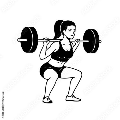 Strength and Determination: A focused woman performs a barbell squat with unwavering determination. Showcasing her commitment to physical fitness and healthy lifestyle.