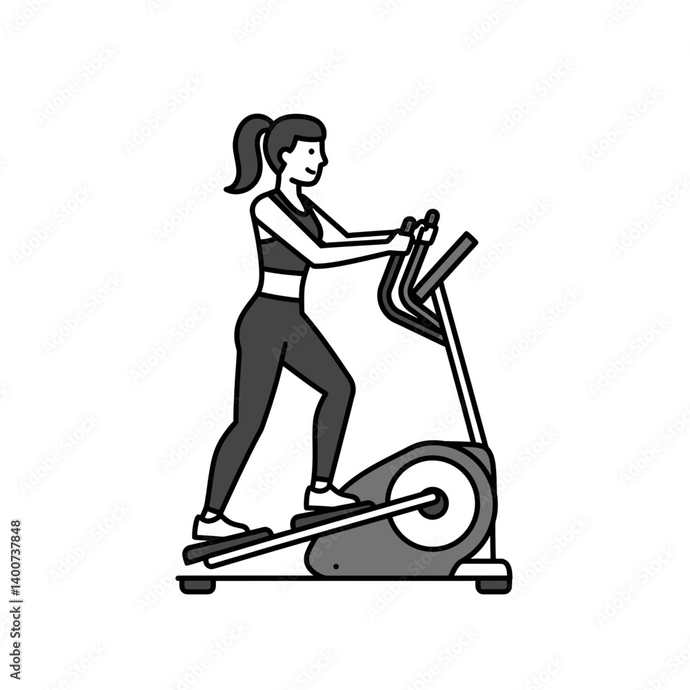 Active on the Elliptical: A woman actively uses an elliptical machine in a graphic black and white illustration of fitness. Active on the Elliptical: A woman actively uses an elliptical machine in a graphic black and white illustration of fitness.