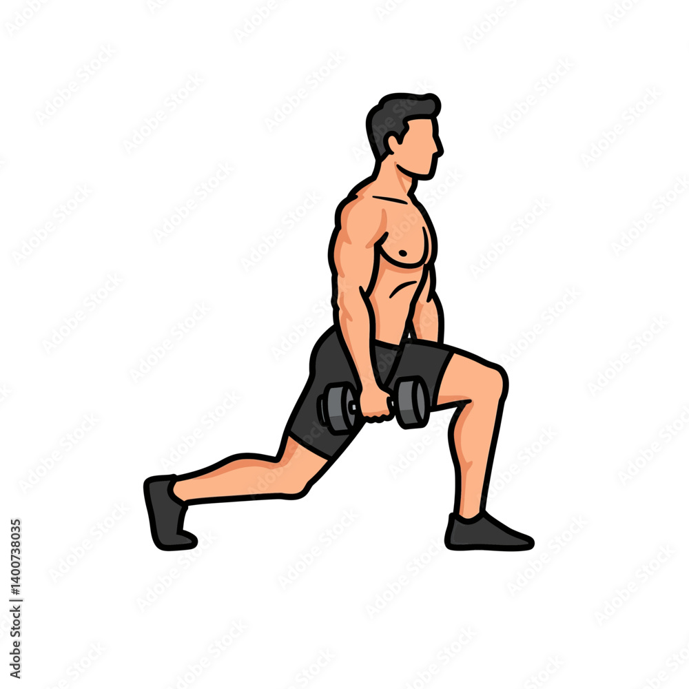 Dynamic Lunge Workout: A fitness enthusiast embodies the power of movement as he executes a dumbbell lunge. The image captures a moment of strength and determination. Dynamic Lunge Workout: A fitness enthusiast embodies the power of movement as he executes a dumbbell lunge. The image captures a moment of strength and determination.