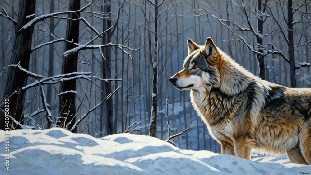 Fototapeta premium Lone gray wolf on snowy hill intense gaze windblown fur sharp features rugged peaks chilling winter backdrop