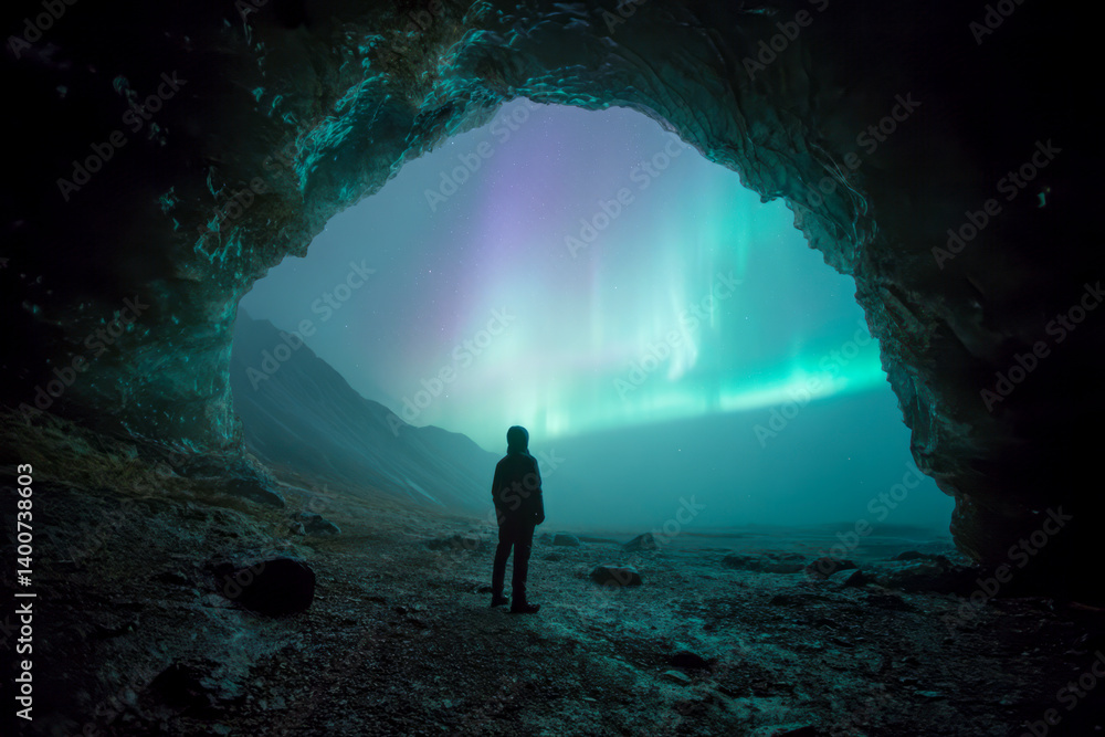 Fototapeta premium Traveler Awed by Majestic Polar Lights in Iceland