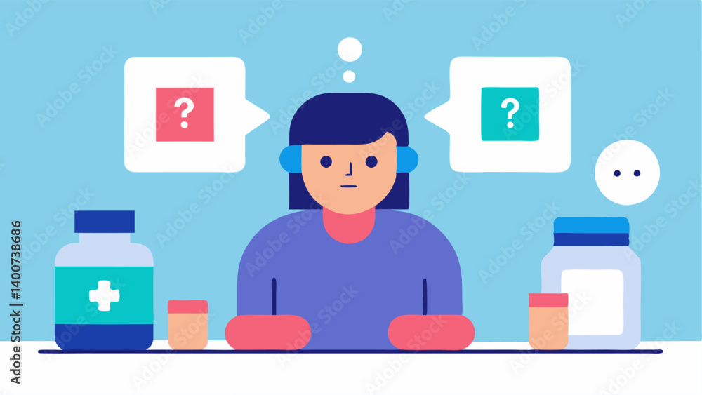 Obraz premium Medication Inquiry A patient sitting at a kitchen table and asking a chatbot about medication interactions with visual cues like pill bottles and question marks around the chatbot.