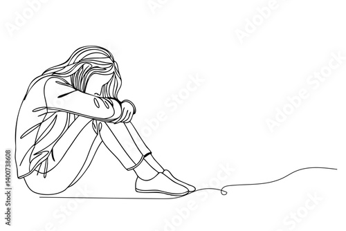 one line drawing of young woman sitting, feeling sad, tired and worried about suffering from depression, vector 