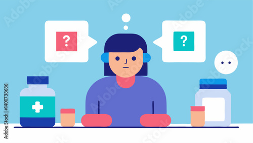 Medication Inquiry A patient sitting at a kitchen table and asking a chatbot about medication interactions with visual cues like pill bottles and question marks around the chatbot.