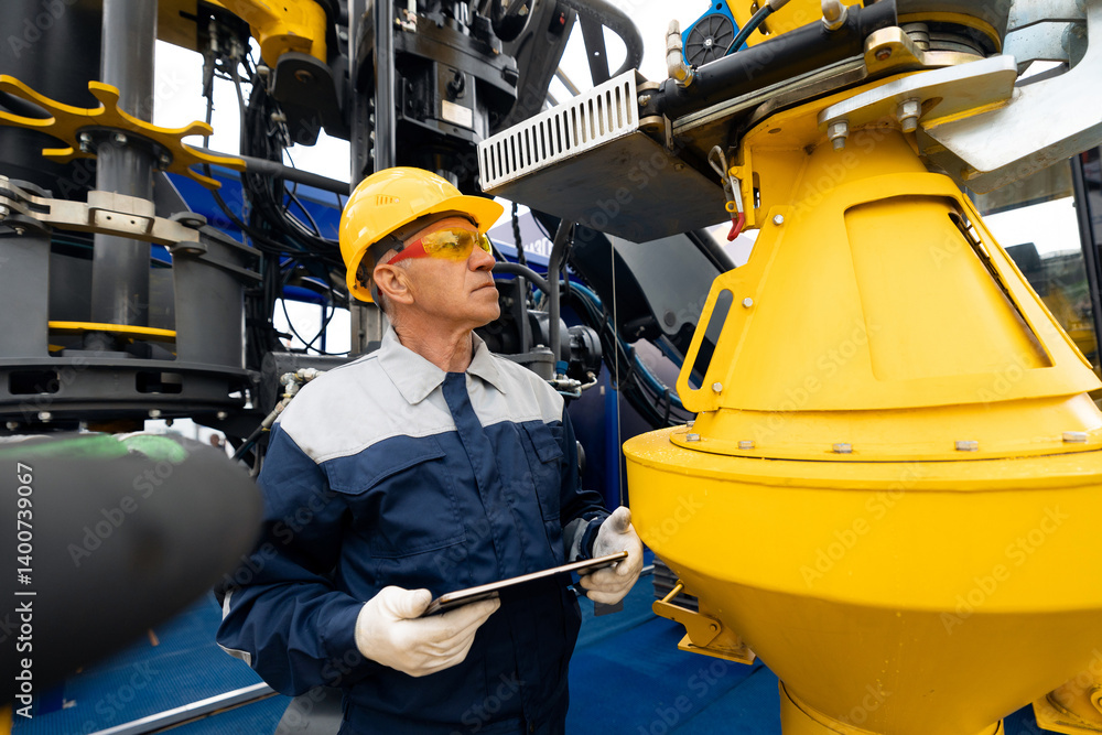 Offshore worker inspect with tablet drilling rig for exploration of minerals for oil, gas and artisan water. Concept smart online Industry