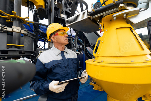 Obraz na płótnie Offshore worker inspect with tablet drilling rig for exploration of minerals for oil, gas and artisan water. Concept smart online Industry w salonie