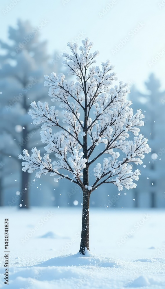 Snowflakes gently falling around a single tree, serene, snowflake, white background Snowflakes gently falling around a single tree, serene, snowflake, white background