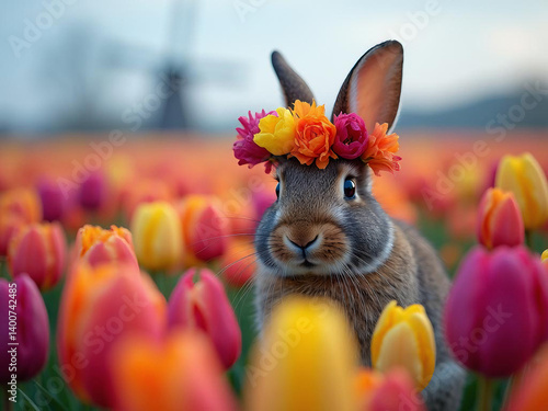 A brown cottontail rabbit wearing a crown made of multicolored tulips