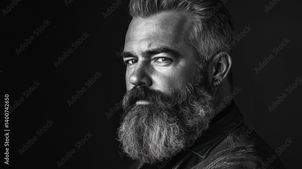 High-contrast black and white portrait of a man with a thick beard illuminated by studio lighting High-contrast black and white portrait of a man with a thick beard illuminated by studio lighting