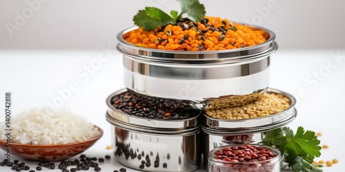 Mini tiffin box, lentils, rice, isolated with white background generative ai
