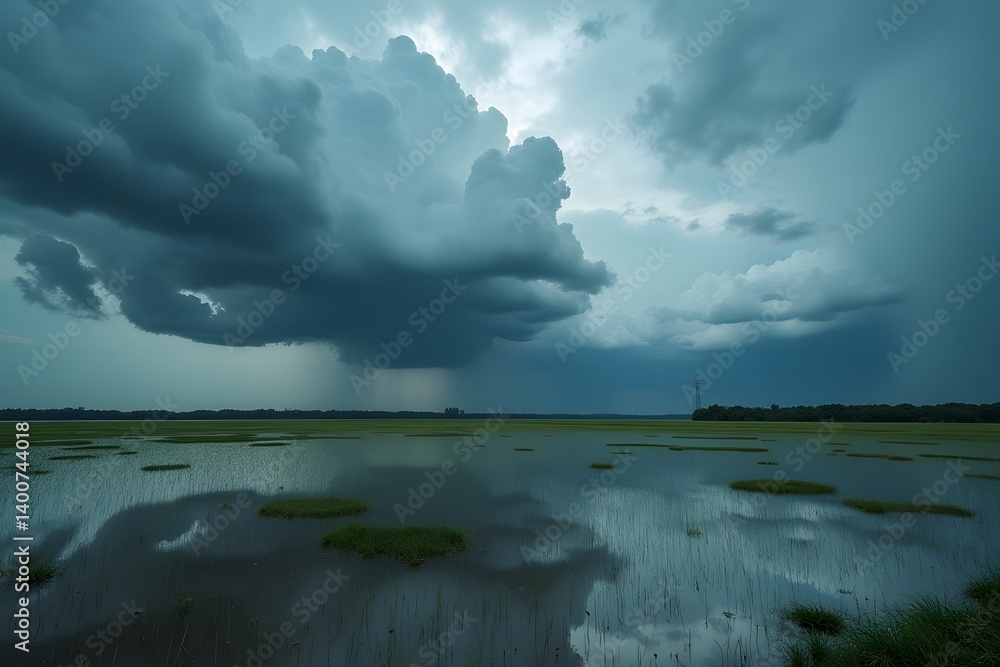 Obraz premium A flooded field reflecting dramatic storm clouds overhead.