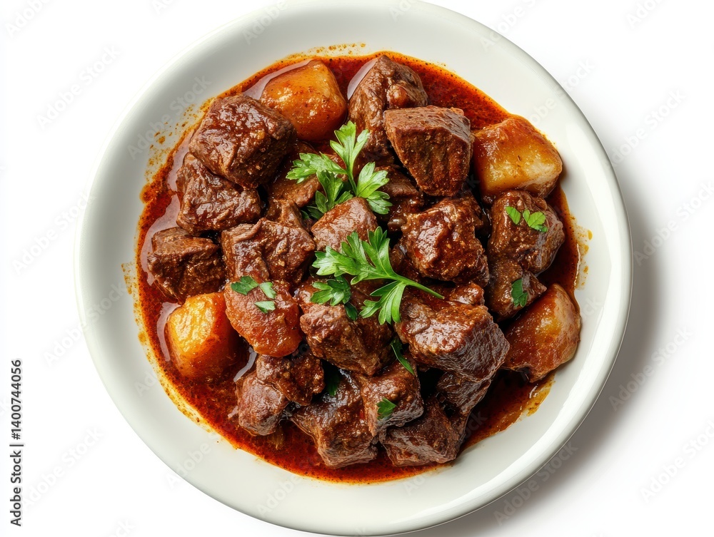 Overhead Shot of Beef Stew with Potatoes and Parsley in White Bowl Overhead Shot of Beef Stew with Potatoes and Parsley in White Bowl