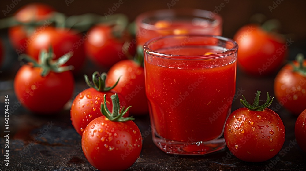 Vibrant Red Tomato Juice in a Glass Surrounded by Fresh Tomatoes Vibrant Red Tomato Juice in a Glass Surrounded by Fresh Tomatoes