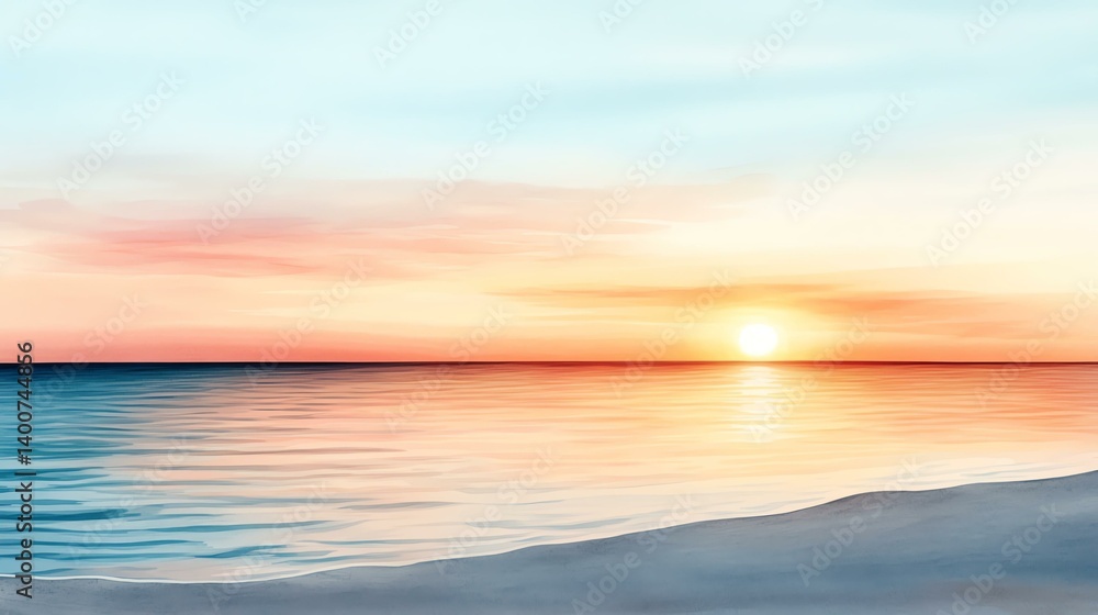 Naklejka premium Artistic watercolor sunset & golden hour glow for warm atmosphere. A serene sunset over calm waters, capturing the beauty of nature's vibrant colors.