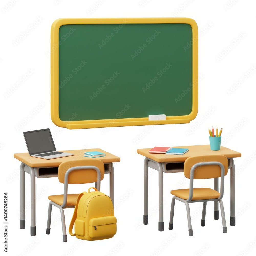 Fototapeta premium Classroom scene with desks and board on white background