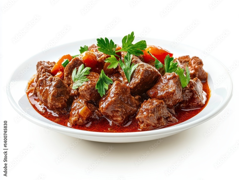Rich Beef Stew with Parsley Garnish on White Plate Rich Beef Stew with Parsley Garnish on White Plate