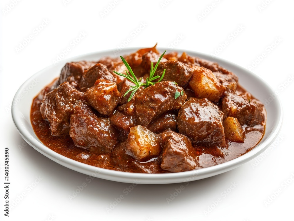 Rich Brown Beef Stew with Potatoes and Rosemary on White Plate Rich Brown Beef Stew with Potatoes and Rosemary on White Plate