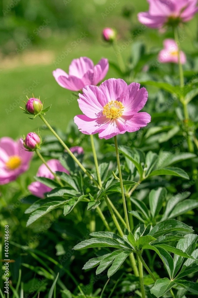 Fototapeta premium there is a pink flower that is growing in the grass