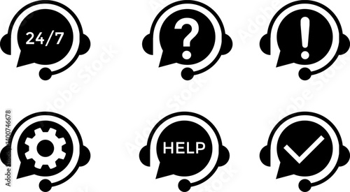 Support service icons set. Headset icons. collection of headphone icons. question mark representing communication. Support service icons with Exclamation mark 