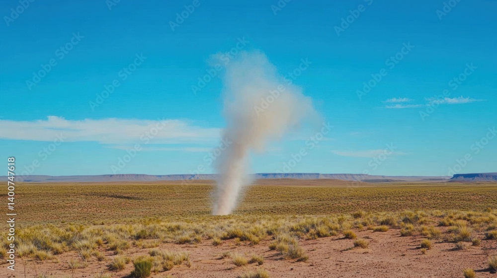 Fototapeta premium Swirling dust devil in vast desert landscape under clear blue sky, natural phenomenon and weather concept, isolated and dynamic movement. 