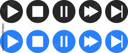 Set of play button icon. Right button. Icon for design. music start sign.  play bar template with button play or pause
