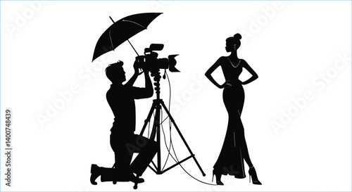 Fashion studio setup with photographer and model silhouettes. Studio photography with female model silhouettes vector
